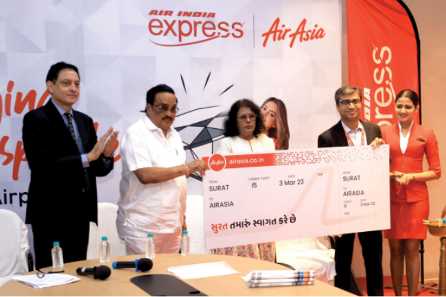 AirAsia India has initiated operations in Surat with everyday direct flights, linking Surat to Bengaluru, Delhi, and Kolkata.